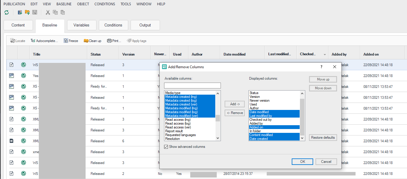 Trados Studio Publication Manager baseline view with an AddRemove Columns menu open showing various date columns available for display.