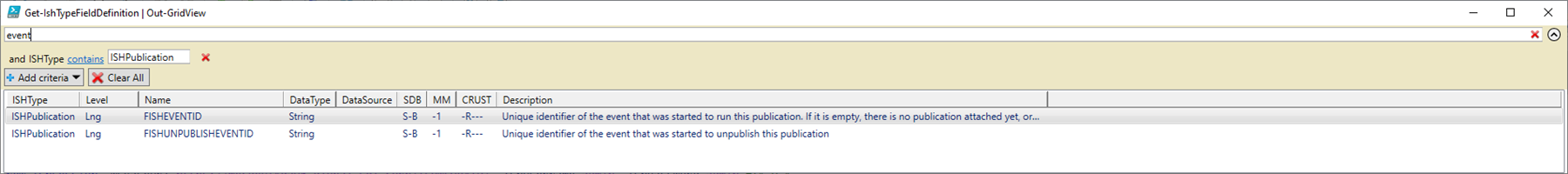 Trados Studio window showing the Get-IshTypeFieldDefinition command output in Out-GridView with a filter applied for ISHPublication. Two fields are visible: FISHEVENTID and FISHUNPUBLISHEVENTID with their descriptions.