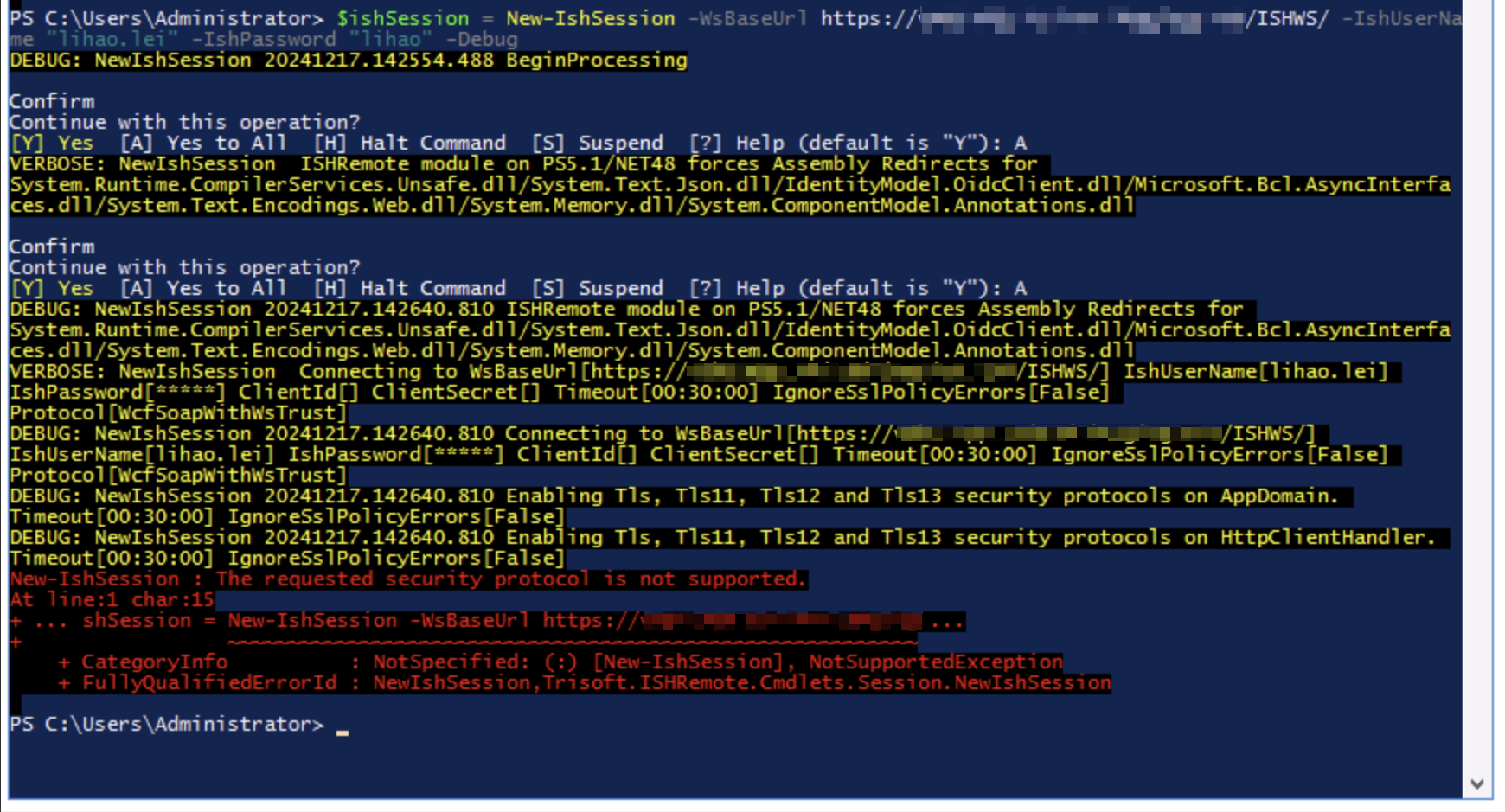 Screenshot of a PowerShell interface with a debug message about New-IshSession command. It shows a warning 'The requested security protocol is not supported.'