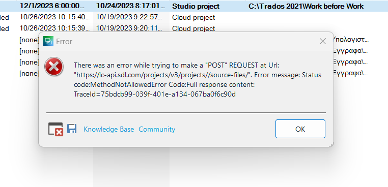 Error dialog box in Trados Studio showing a 'POST' request error with a URL, status code 'Method Not Allowed', and a trace ID.