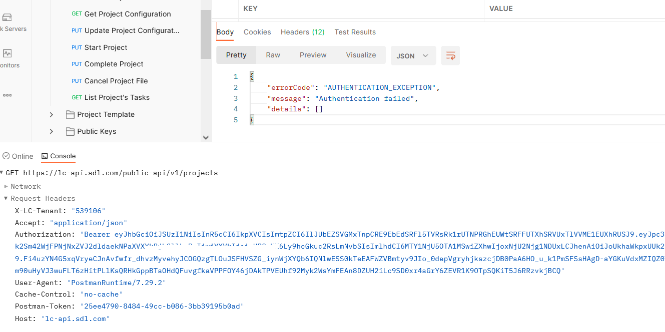 Screenshot of Trados Studio API client error message displaying 'errorCode: AUTHENTICATION_EXCEPTION', 'message: Authentication failed', and an empty 'details' array.