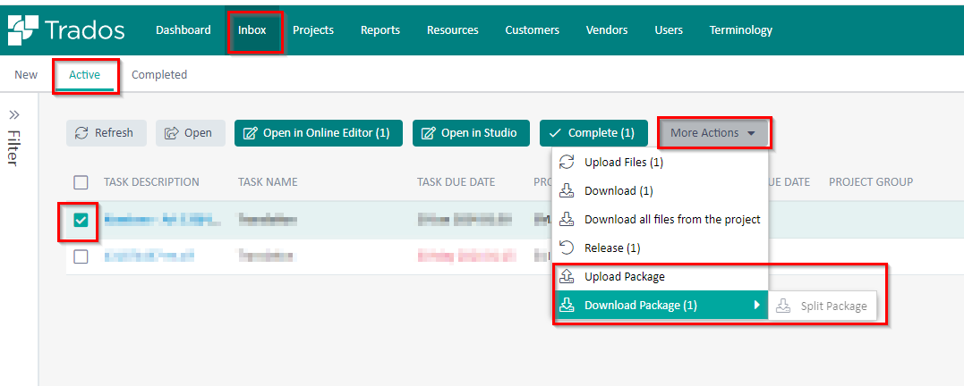 Screenshot of Trados software interface showing the Inbox tab highlighted, with a submenu open displaying options including 'Upload Package' and 'Download Package', both with a notification indicating one item.