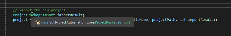 Screenshot of code with a comment 'import the new project' and a line of code initializing 'importResult' with a syntax error indicated by a red underline.