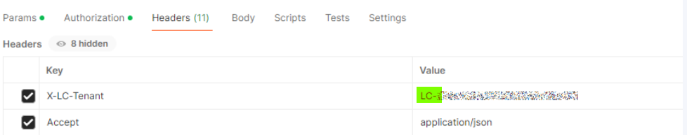 Screenshot of an API request header section with a key 'X-LC-Tenant' highlighted, showing a value prefixed with 'LC-' followed by a blurred alphanumeric string.