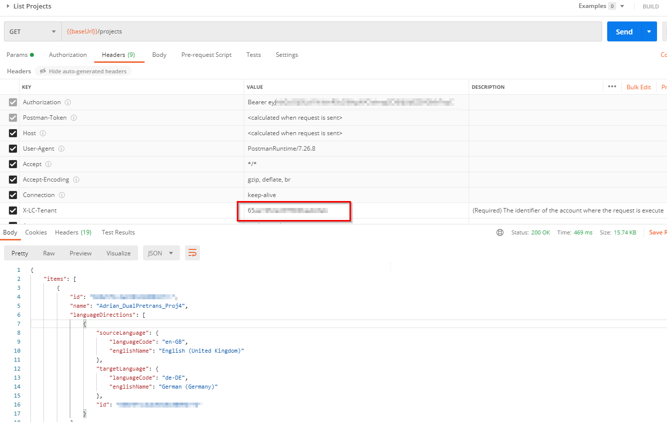 Screenshot of an API request in Postman with a GET method to a projects endpoint. The Connection header is highlighted with a value of 'keep-alive'. Response status is 200 OK.