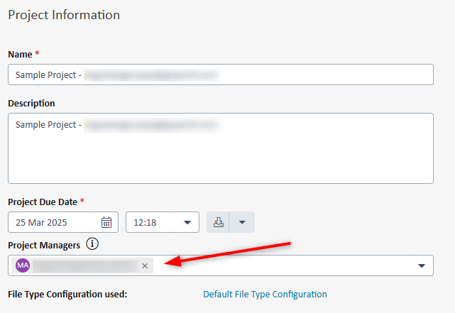 Screenshot of a project information form showing fields for Name, Description, Project Due Date, and Project Managers with one manager assigned.