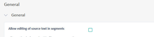 Settings page showing the 'Allow editing of source text in segments' option with an unchecked checkbox under the General section.