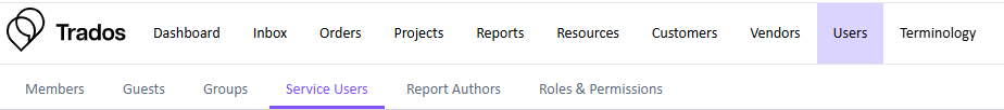 Screenshot of the Trados interface showing the top navigation bar with options like Dashboard, Inbox, Orders, Projects, and Users. The 'Service Users' tab is highlighted under 'Users'.
