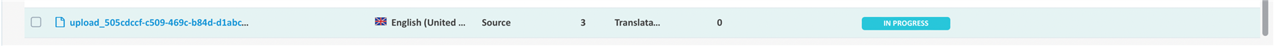 Screenshot of Trados Studio showing a file named 'upload_505cdccf-c509-469c-b84d-d1abc...' with English (United States) as source language, 3 segments for translation, and 0 translated, stuck on 'IN PROGRESS'.