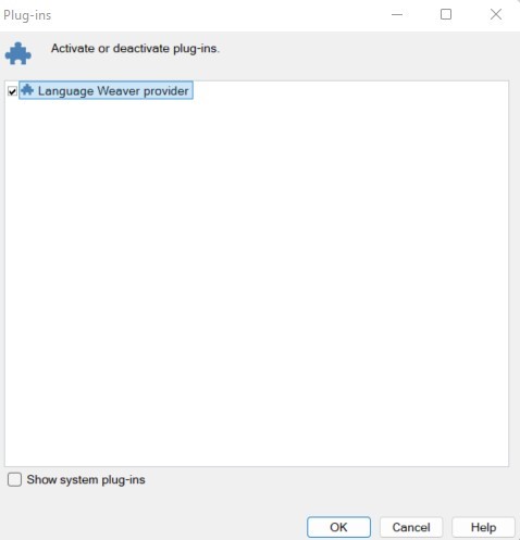 Screenshot of Trados Studio Plug-ins window showing Language Weaver provider activated.