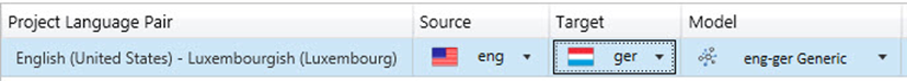 Screenshot of a language pair configuration panel showing English (United States) - Luxembourgish (Luxembourg) with source language English and target language German.