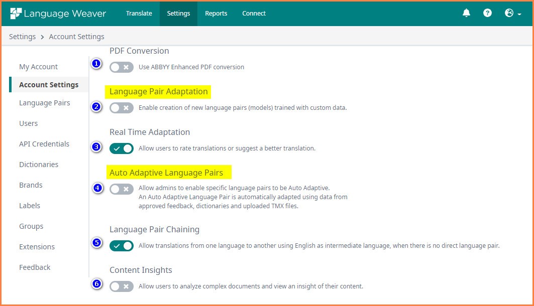 Trados Studio settings page showing options for Language Pair Adaptation, with 'Enable creation of new language pairs' and 'Auto Adaptive Language Pairs' options disabled and marked with a red cross.