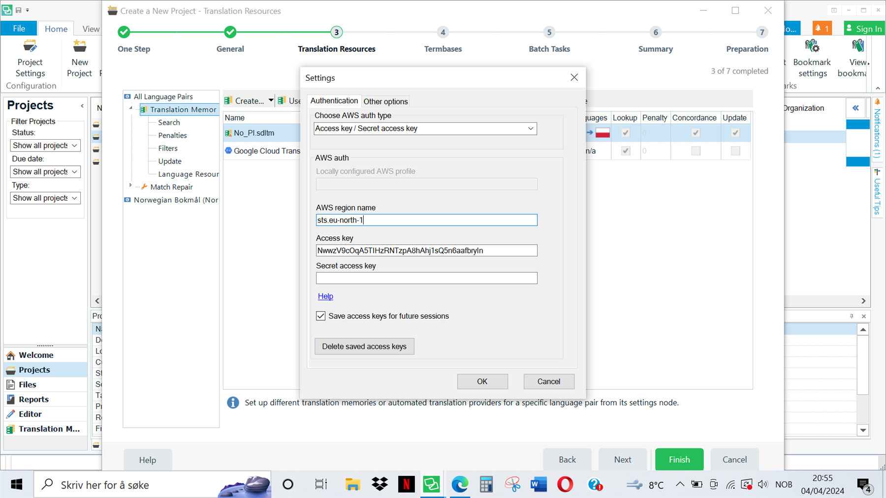 Trados Studio screenshot showing AWS authentication settings with fields for AWS region name, access key, and secret access key filled out.