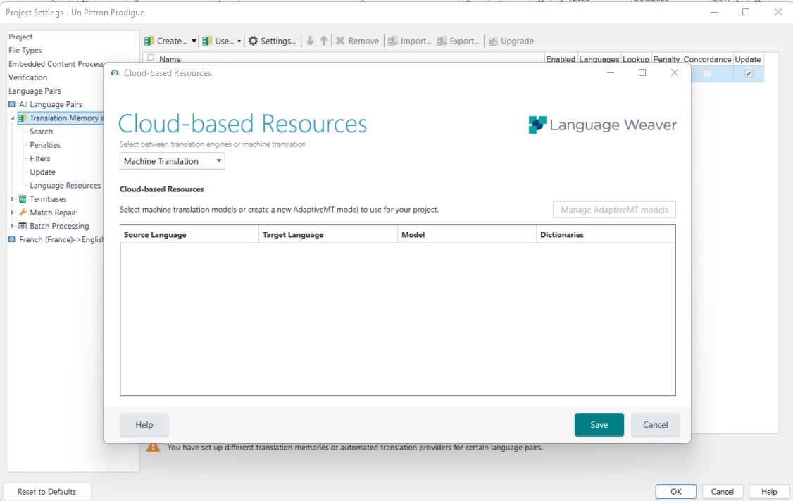 Screenshot of Trados Studio Cloud-based Resources dialog with no Generic NMT model option displayed and the 'Manage AdaptiveMT Models' button grayed out.