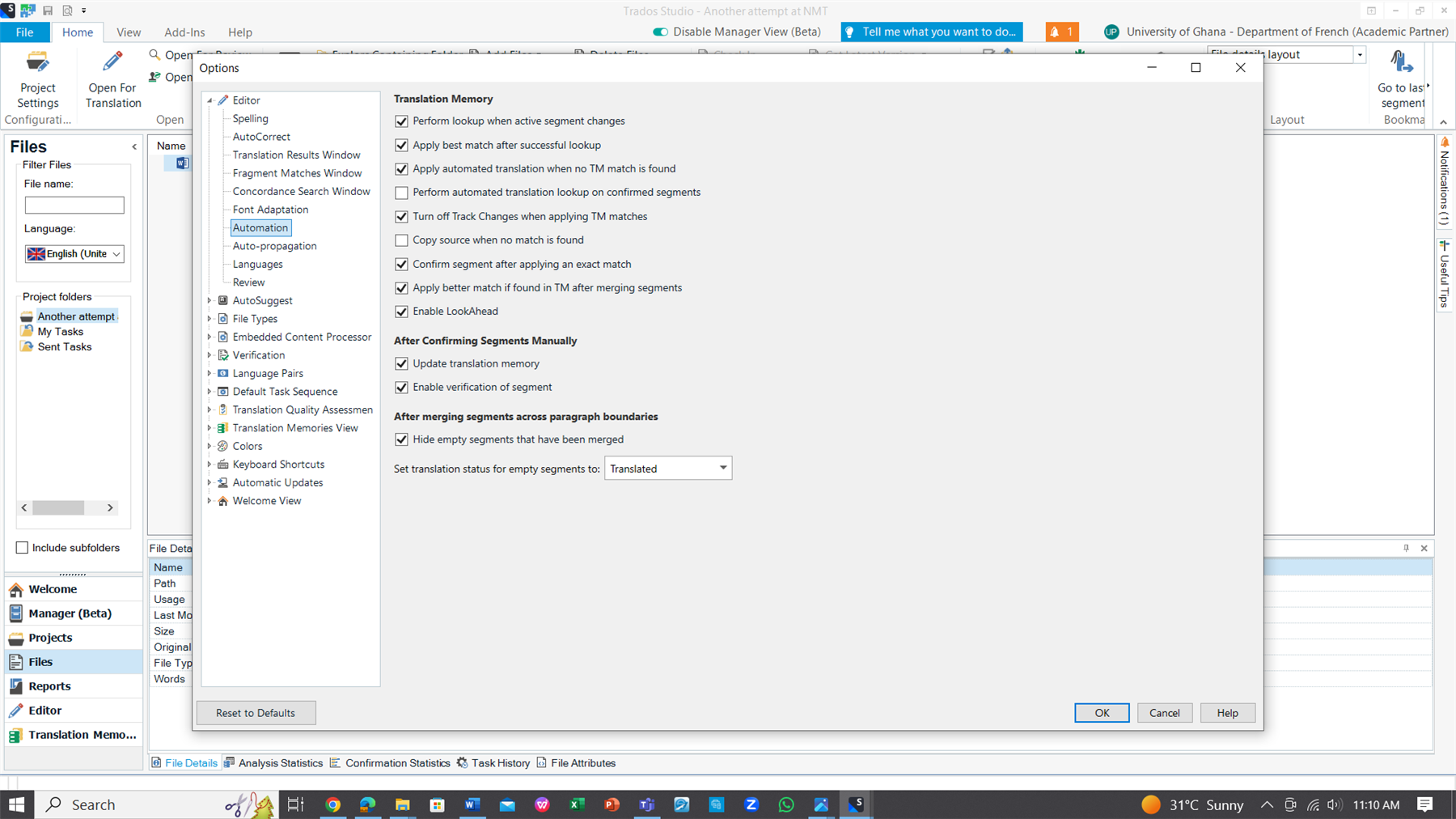 Screenshot of Trados Studio options menu with Translation Memory settings visible, no visible errors or warnings.
