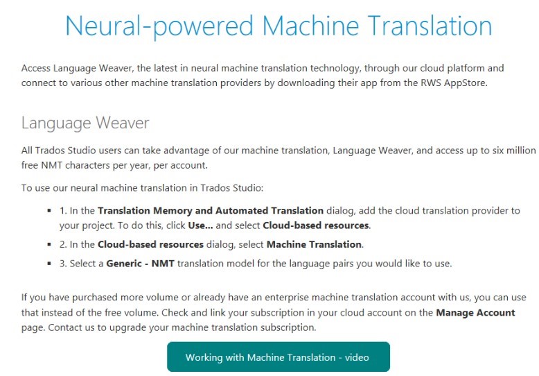 Screenshot of Trados Studio instructions for accessing Language Weaver and using free NMT characters, with a link to a video tutorial.