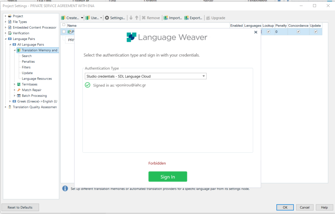 Trados Studio screenshot showing Language Weaver plugin with an error message 'Forbidden' and a 'Sign In' button, indicating an authentication issue.