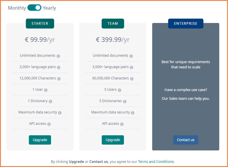 Pricing plans for Trados Studio with three options: Starter at 99.99 euros per year, Team at 399.99 euros per year, and Enterprise with a 'Contact us' button for unique requirements.