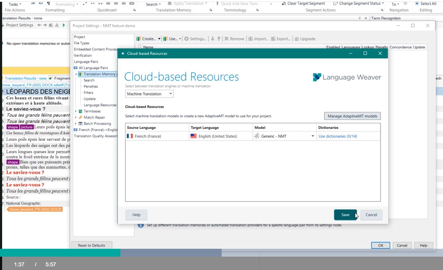 Screenshot of Trados Studio Cloud-based Resources dialog showing Generic - NMT model selected for French to English translation.