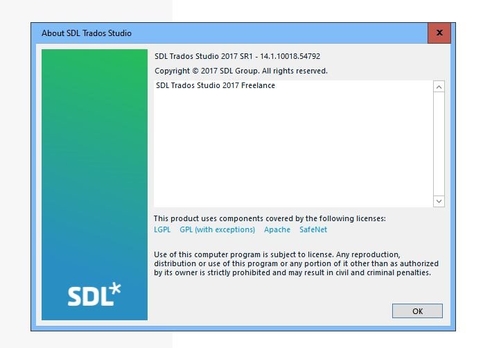 About SDL Trados Studio dialog box showing version 2017 SR1 - 14.1.10018.54792, copyright information, and license details.