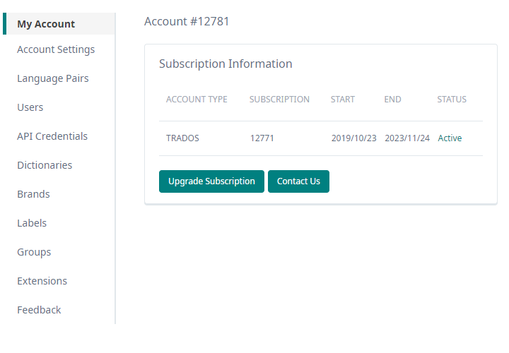 Trados Studio account page showing Subscription Information with Account Type TRADOS, Subscription number 12771, Start date 20191023, End date 20231124, and Status Active. Two buttons present: Upgrade Subscription and Contact Us.