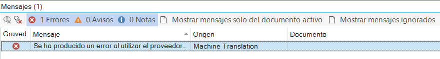 Trados Studio error message dialog showing 1 error. Text reads 'Se ha producido un error al utilizar el proveedor... Machine Translation'.
