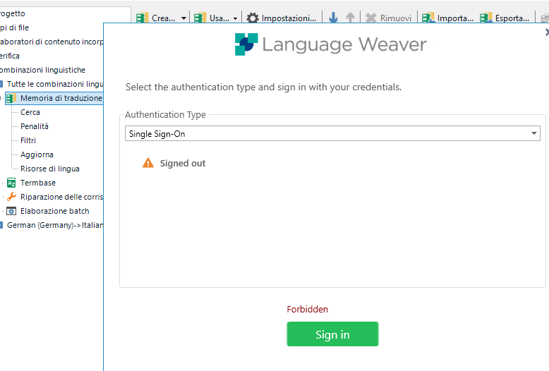 Trados Studio Language Weaver plugin showing 'Forbidden' error with Single-Sign-On option selected and a 'Sign in' button below.