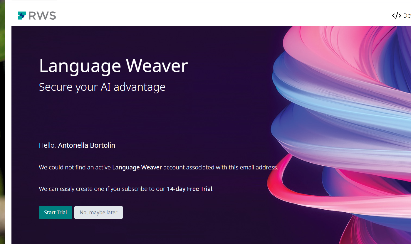 Language Weaver website page with a greeting 'Hello, Antonella Bortolin' and a message stating no active account found, offering a 14-day free trial.