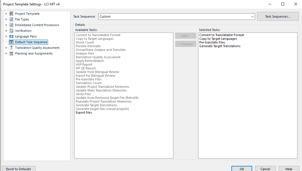 Screenshot of Trados Studio Project Template Settings showing selected tasks: Convert to Translatable Format, Copy to Target Languages, Pre-translate Files, Generate Target Translations.