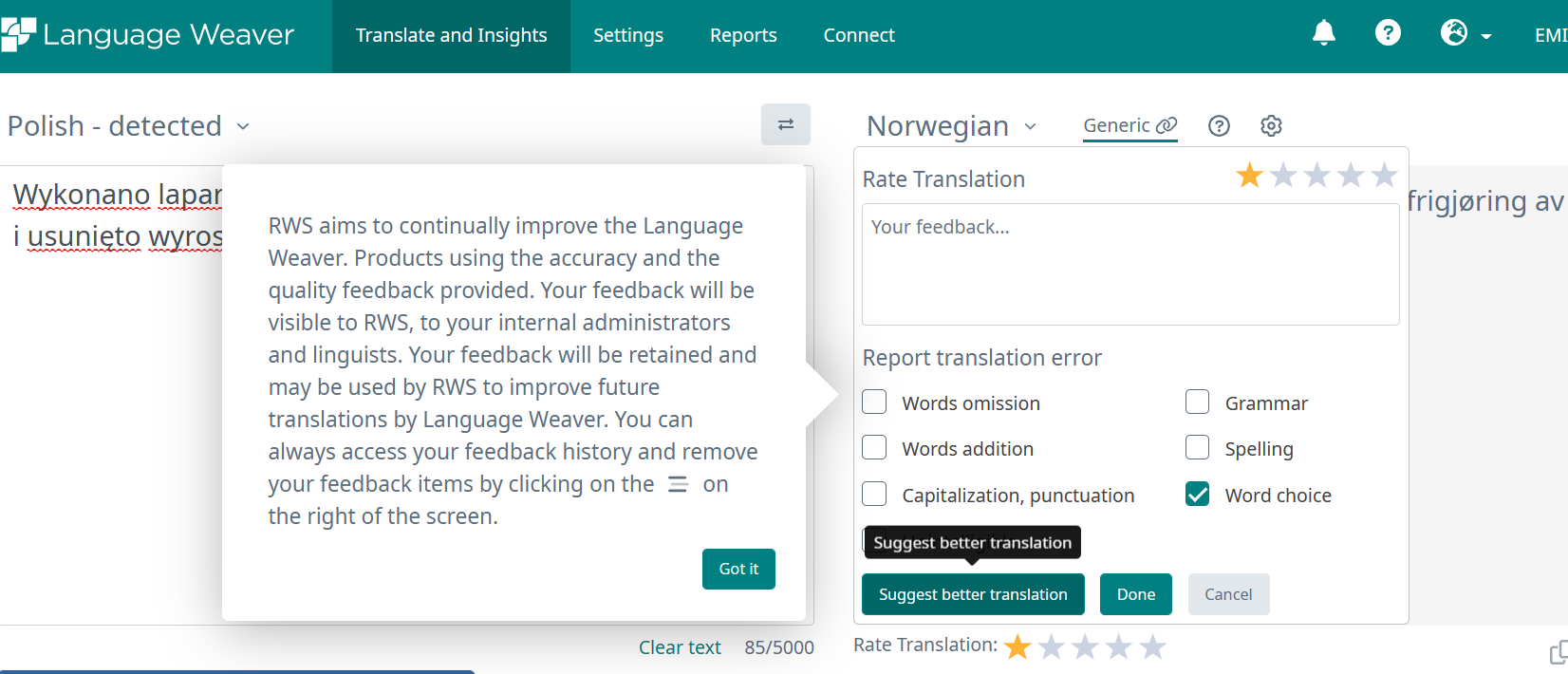 Language Weaver interface showing a message about improving translations and a feedback form with options for rating and reporting translation errors.