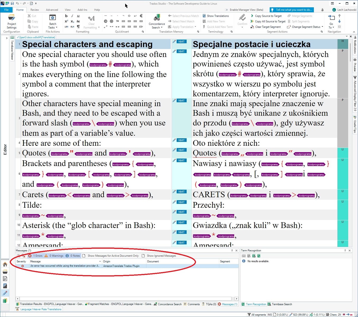 Screenshot of a translation software interface with a document comparison, highlighting special characters and an error message at the bottom stating 'An error has occurred while using the translation provider AmazonTranslate Trados Plugin.'