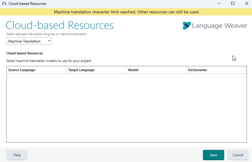 Cloud-based Resources window in Trados Studio with a notification 'Machine translation character limit reached. Other resources can still be used.'