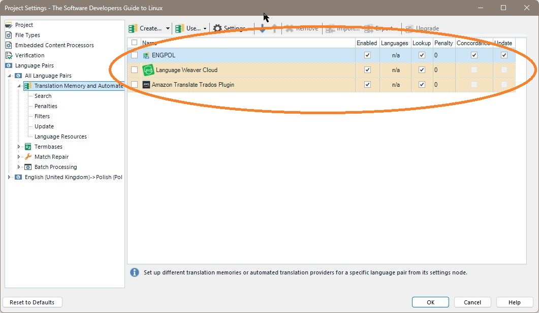 Screenshot of Trados 2024 project settings showing Language Weaver Cloud and Amazon Translate Tradus Plugin under Translation Memory and Automated Translation with an orange outline indicating an issue.