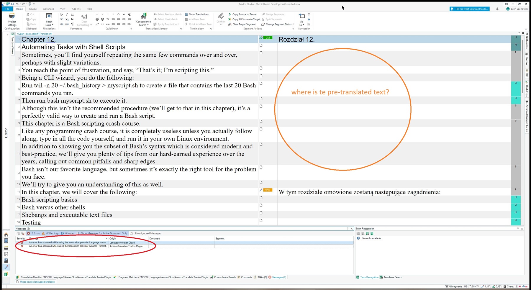 Screenshot of Trados 2024 with a document open showing untranslated text and an error message at the bottom stating 'An error has occurred while using the translation provider Language Weaver' and 'Amazon Translate'.