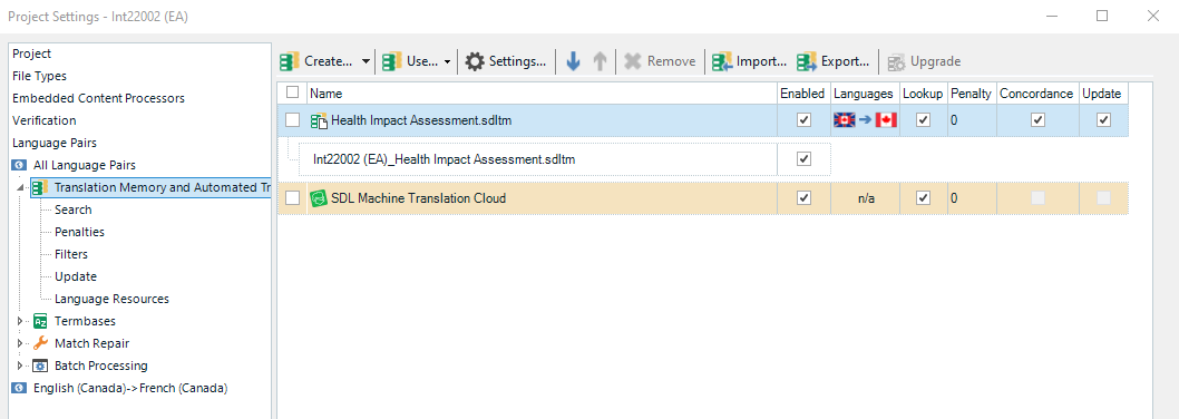 Trados Studio Project Settings window showing Translation Memory and Automated Translation with two entries: 'Health Impact Assessment.sdltm' and 'Int22002 (EA)_Health Impact Assessment.sdltm', both enabled for English to French translation.