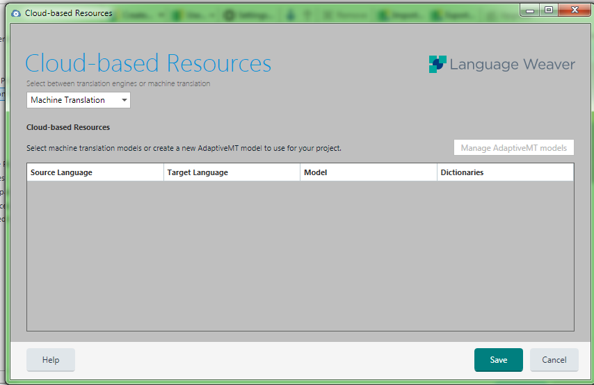 Trados Studio 2021 Cloud-based Resources window with Language Weaver logo, showing empty Source Language, Target Language, and Model fields with no error messages.