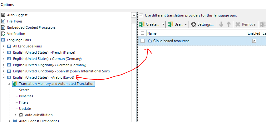 Trados Studio options menu showing Language Pairs with a red arrow pointing to Cloud-based resources under English (United States)->Arabic (Egypt).