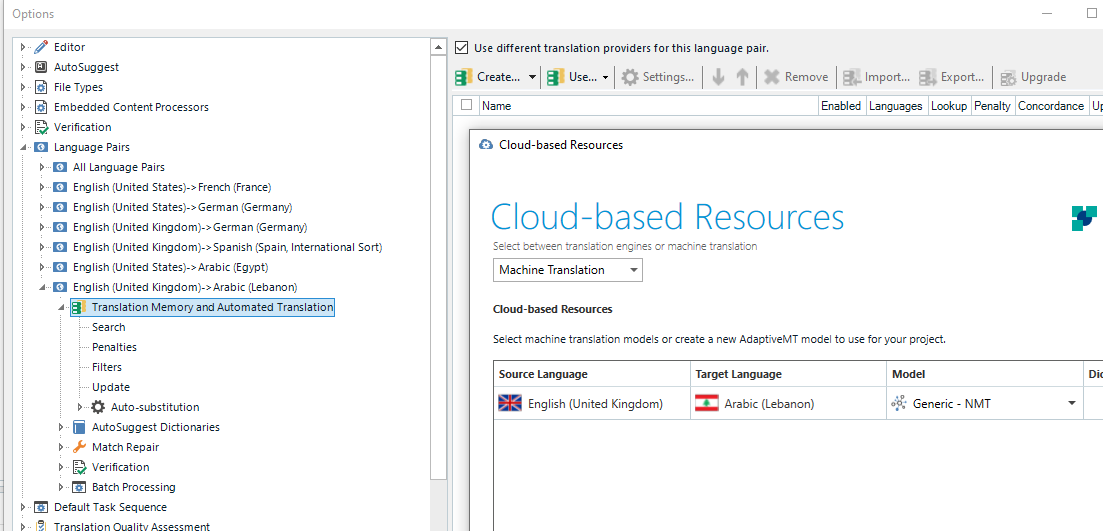 Trados Studio Cloud-based Resources settings with Machine Translation selected and Source Language English (United Kingdom) to Target Language Arabic (Lebanon).