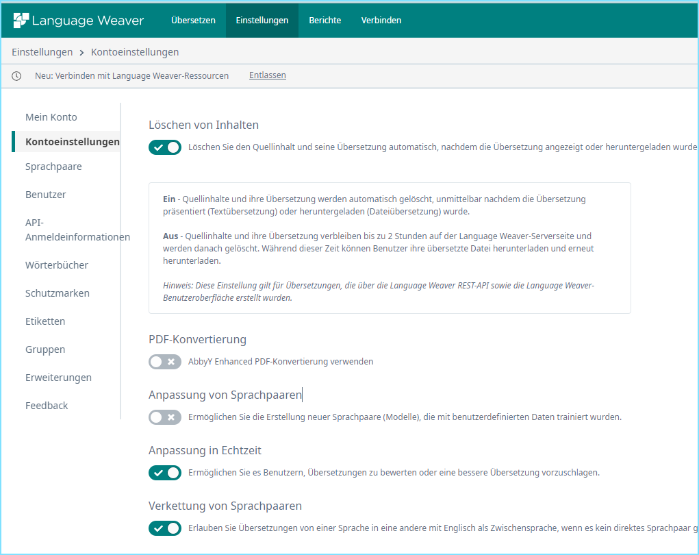 Trados Studio settings page showing an error message 'Neu: Verbinden mit Language Weaver-Ressourcen' with a dismiss button. The 'W rterb cher' option is greyed out indicating it is not selectable.