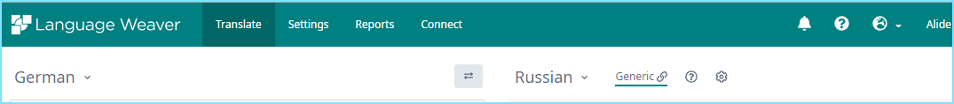 Language Weaver interface showing translation settings from German to Russian with a generic model selected.
