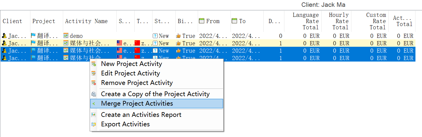 Trados Studio Qualitivity window showing a right-click context menu with 'Merge Project Activities' option highlighted.