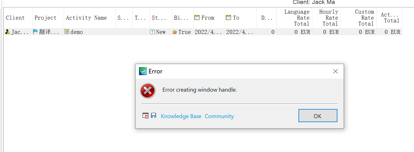 Error message in Trados Studio Qualitivity saying 'Error creating window handle.' with an OK button.