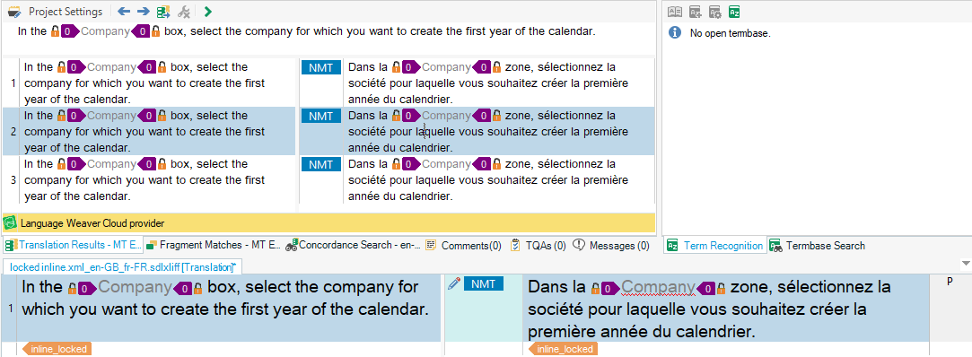 Trados Studio interface showing project settings with Language Weaver Cloud provider selected and translation results displayed in English and French.