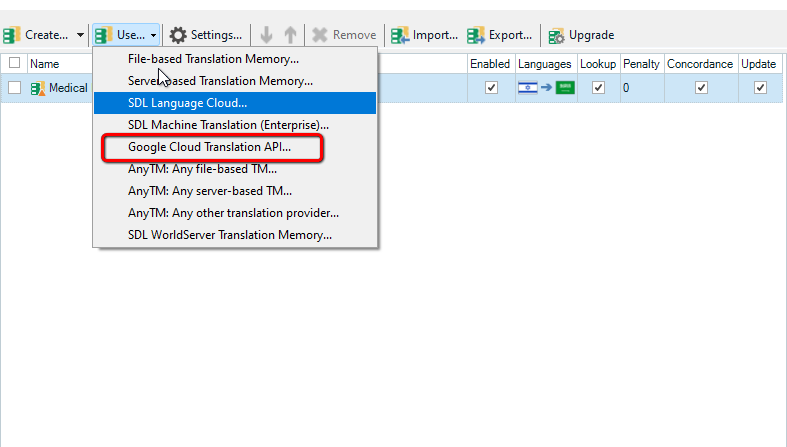 Trados Studio screenshot showing the Translation Memory and Automated Translation window with 'Google Cloud Translation API' option highlighted.