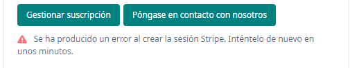 Error message in Trados Studio stating 'Se ha producido un error al crear la sesi n Stripe. Int ntelo de nuevo en unos minutos.' with two buttons 'Gestionar suscripci n' and 'P ngase en contacto con nosotros'.