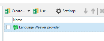 Trados Studio interface showing a checked box next to 'Language Weaver provider' under a list of resources.