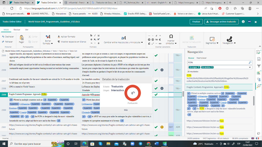 Screenshot of Trados Studio interface showing a document in translation with a red circle highlighting a '0%' punctuation error in the 'Translation Details' pane.