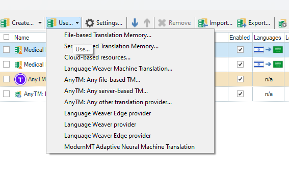 Trados Studio screenshot showing a list of translation memory and machine translation options including ModernMT Adaptive Neural Machine Translation selected at the bottom.