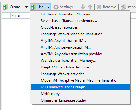 Trados Studio plugin selection menu with 'MT Enhanced Trados Plugin' highlighted among other translation memory and machine translation providers.