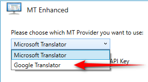 Dropdown menu in Trados Studio with options 'Microsoft Translator' and 'Google Translator', red arrow pointing at 'Google Translator'.